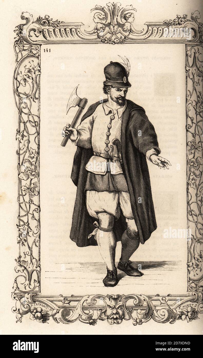 Costume di un vogatore di galee veneziane o falila, 16 ° secolo. Impiegato in tempo di guerra. Indossa un feltrino con pennacchi, cappotto abbronzato, giacca, culotte, scarpe. Armati di ascia e pistola flintlock. All'interno di una cornice decorativa incisa da H. Catenacci e Fellmann. Incisione di blocchi di legno di Gerard Seguin e E.F. Huyot dopo un taglio di legno di Christoph Krieger dai costumi di Cesare Vecellio del XVI secolo anciens et modernes, Habiti antichi et moderni di tutto il mondo, Firman Didot Ferris Fils, Parigi, 1859-1860. Foto Stock