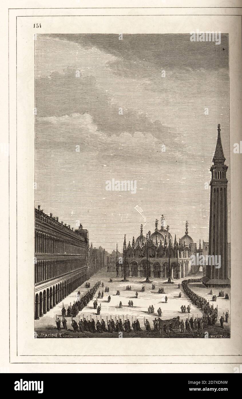 Vista di una processione in Piazza San Marco, Venezia, XVI secolo. Una processione formale si sposta di fronte alla chiesa di San Geminiano, alla Basilica di San Marco e al Campanile. All'interno di una cornice decorativa incisa da H. Catenacci e Fellmann. Incisione di blocchi di legno di F. Huyot dopo A. Racinet dopo un taglio di legno di Christoph Krieger dai costumi cinquecenteschi di Cesare Vecellio anciens et modernes, Habiti antichi et moderni di tutto il mondo, Firman Didot Ferris Fils, Parigi, 1859-1860. Foto Stock