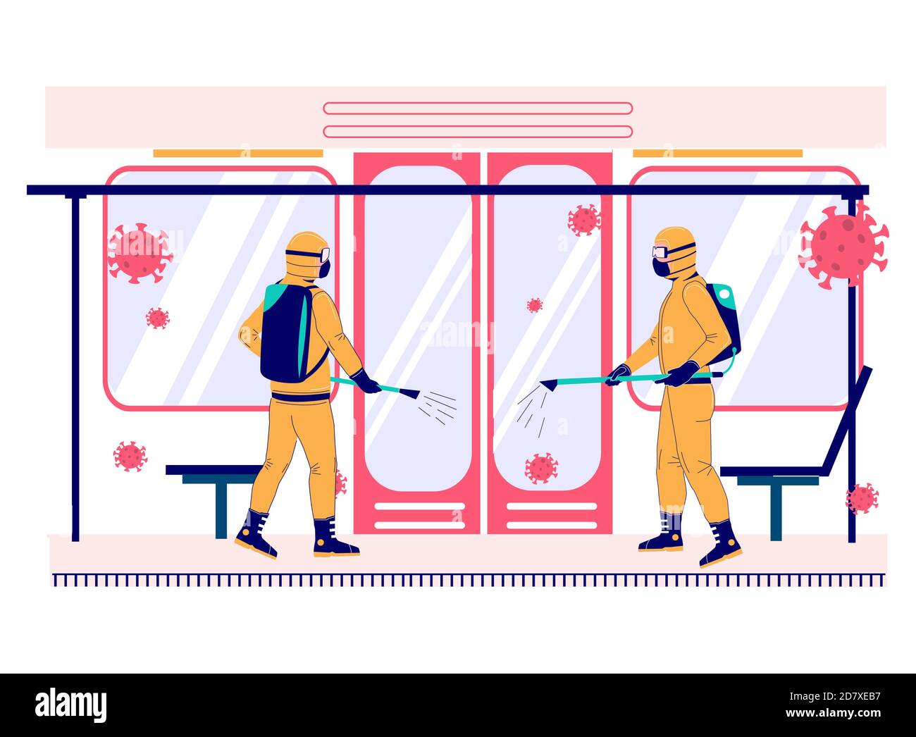 Pandemia di coronavirus. Persone in Hazmat tute disinfezione metropolitana treno, flat vettore illustrazione. Disinfezione. Illustrazione Vettoriale