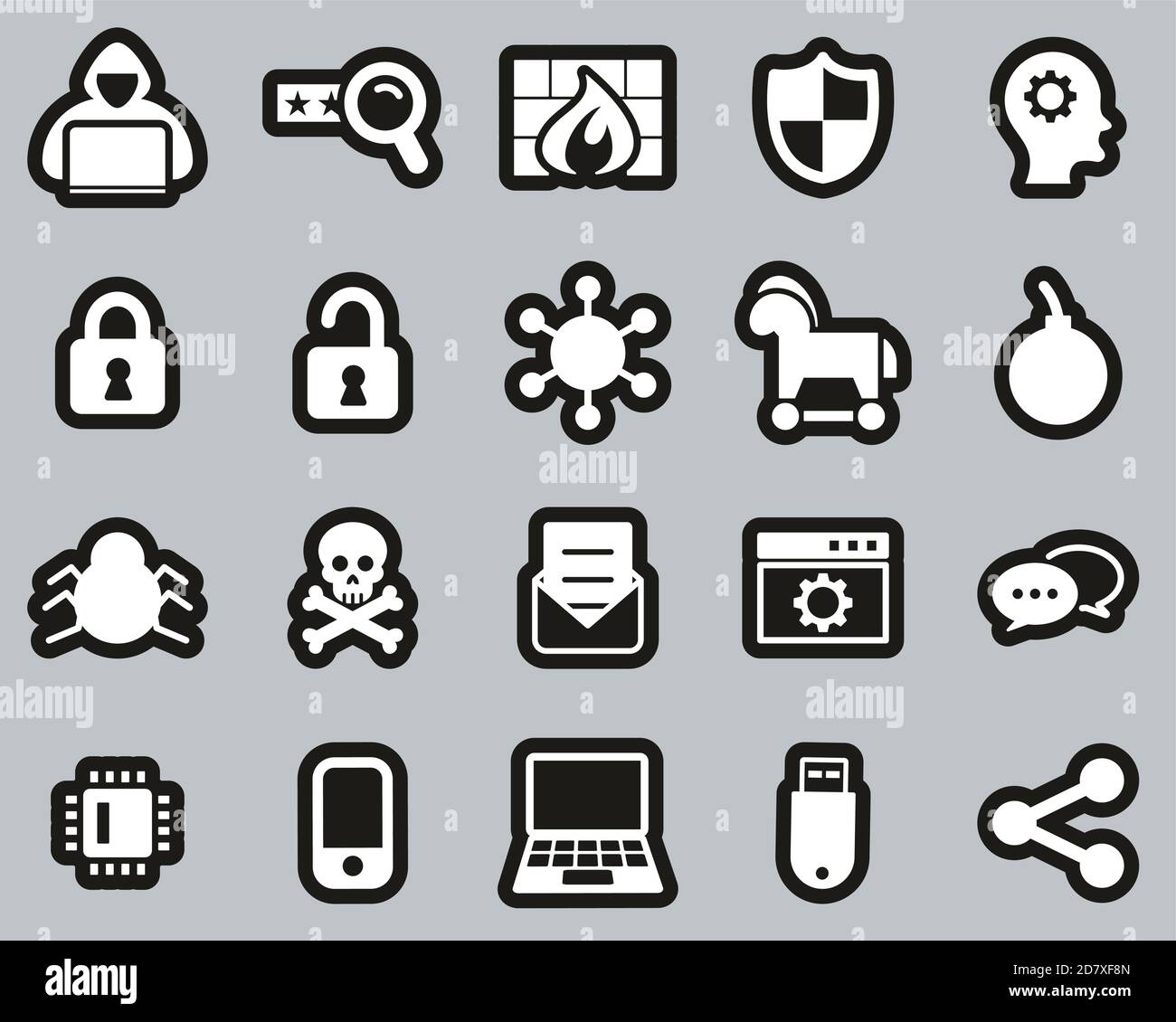 Icone hacker Bianco su nero Sticker Set grande Illustrazione Vettoriale