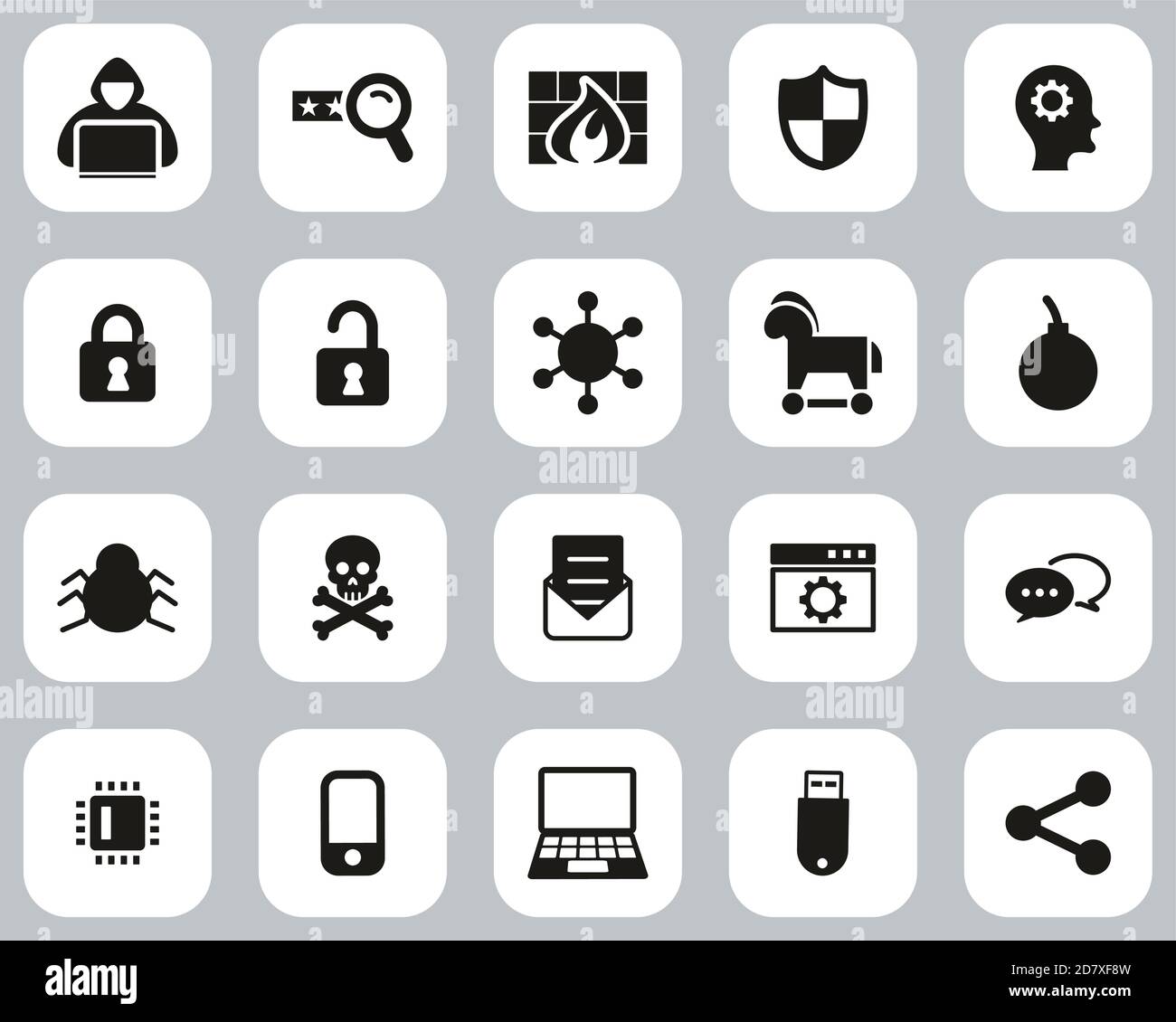 Icone hacker Set di design piatto bianco e nero Grande Illustrazione Vettoriale