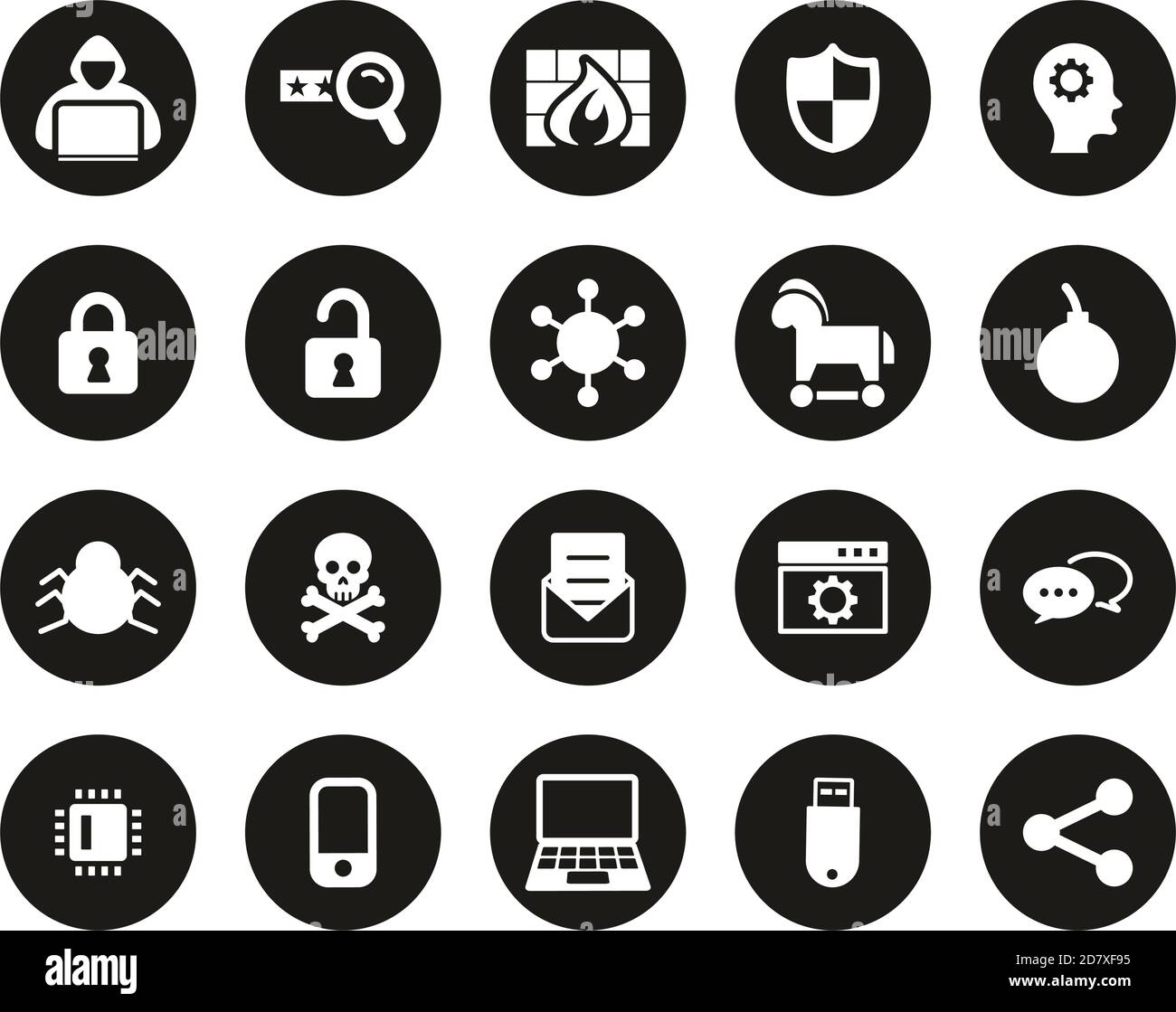 Icone hacker Bianco su Black Flat Design cerchio Set Grande Illustrazione Vettoriale