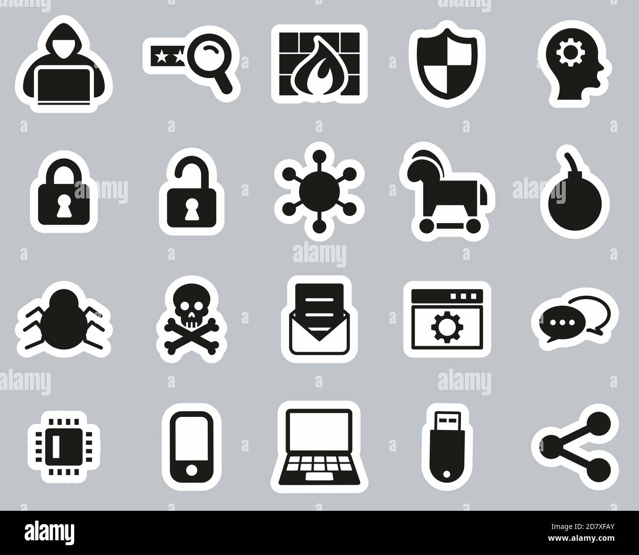 Icone dell'hacker Set di adesivi in bianco e nero Grande Illustrazione Vettoriale