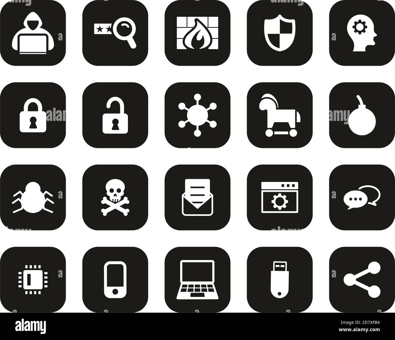 Icone hacker Bianco su Black Flat Design Set Grande Illustrazione Vettoriale