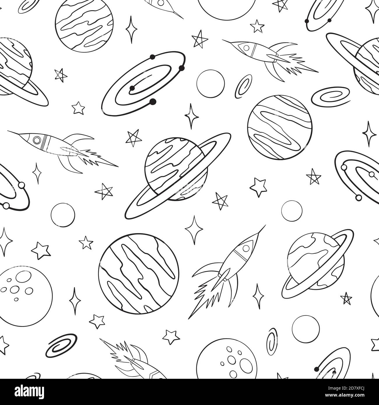 Astronavi e pianeti doodle modello senza giunture. Sfondo disegnato a mano. Illustrazione vettoriale per progettazione di superfici, stampa, poster, icona, Web, grafica Illustrazione Vettoriale