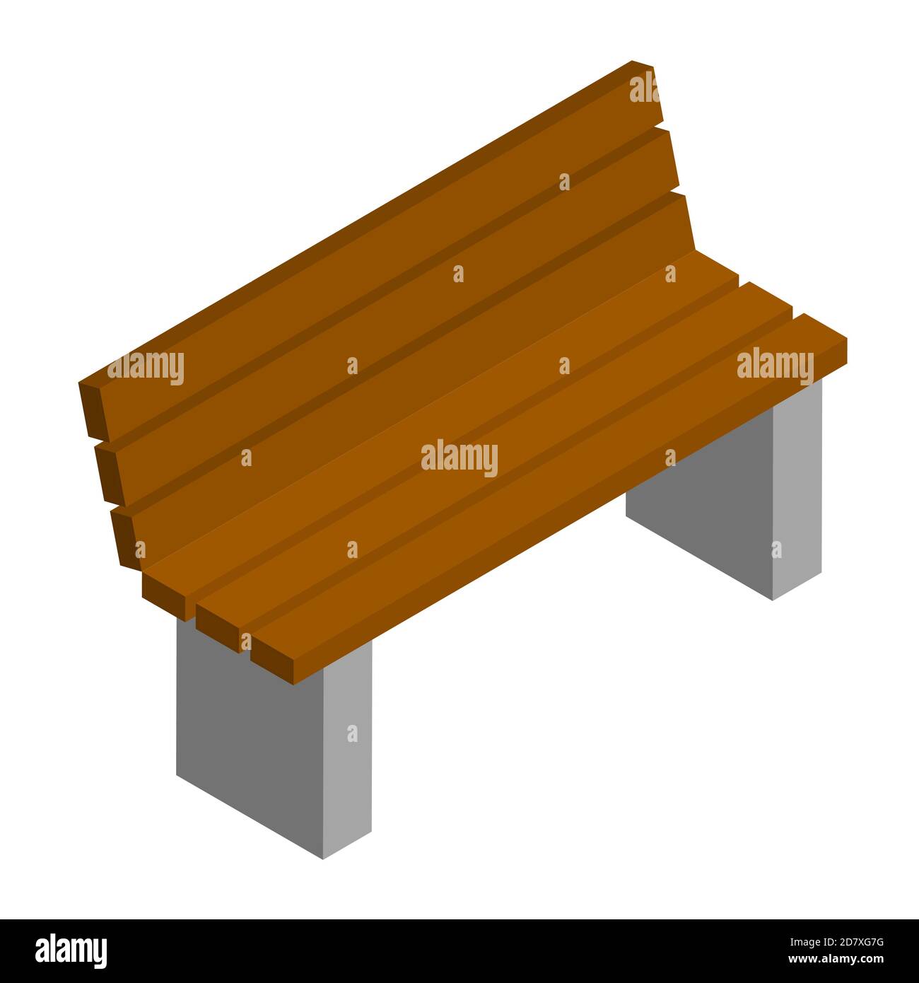 Semplice panca marrone della città con schienale in vista isometrica isolato su bianco. Base in cemento e seduta in legno. Vettore EPS10. Illustrazione Vettoriale