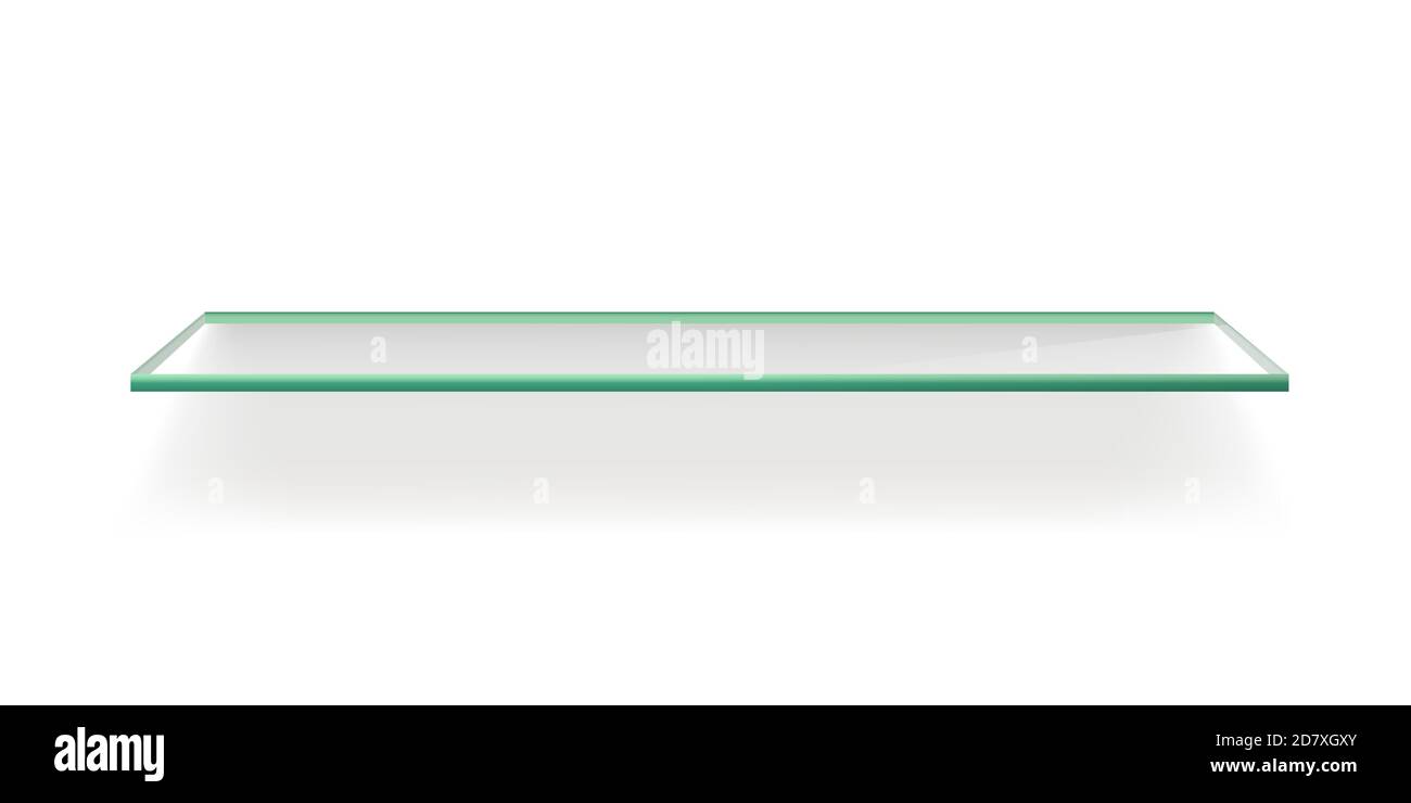 Ripiano in vetro verde vuoto su sfondo bianco. Pannello rettangolare moderno e realistico, superficie con ombra. Illustrazione vettoriale dell'elemento dell'interfaccia del progetto Illustrazione Vettoriale