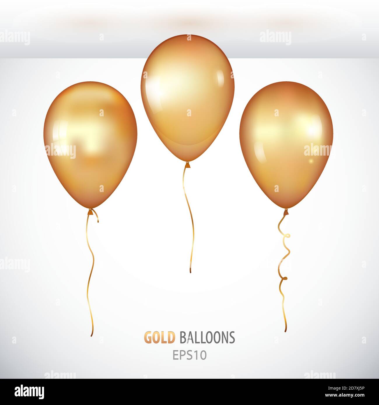 Palloncini 3D realistici in elio oro su sfondo bianco. Set di bollature lucide per il tuo progetto. Illustrazione Vettoriale