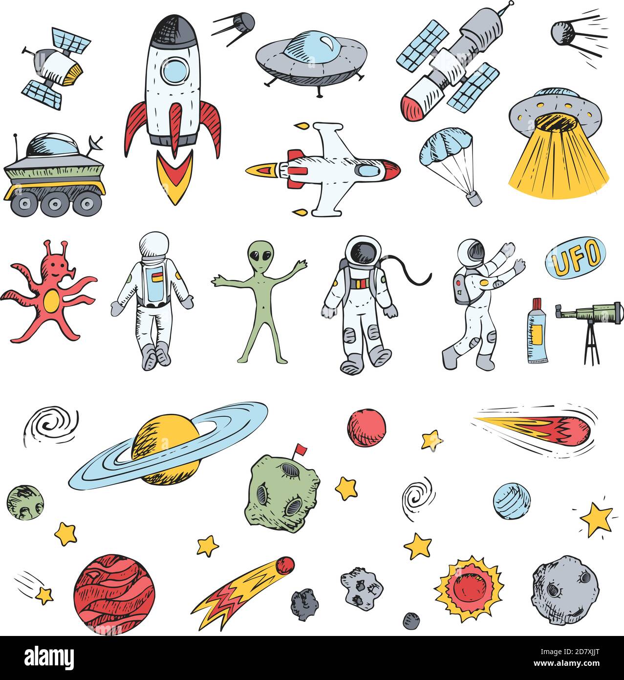 Colorful vettore disegnati a mano doodles cartoni animati impostare oggetti spazio. Navi spaziali, razzi, pianeti, piattini volanti, cosmonauti, stelle, comete, satelliti, uf Illustrazione Vettoriale