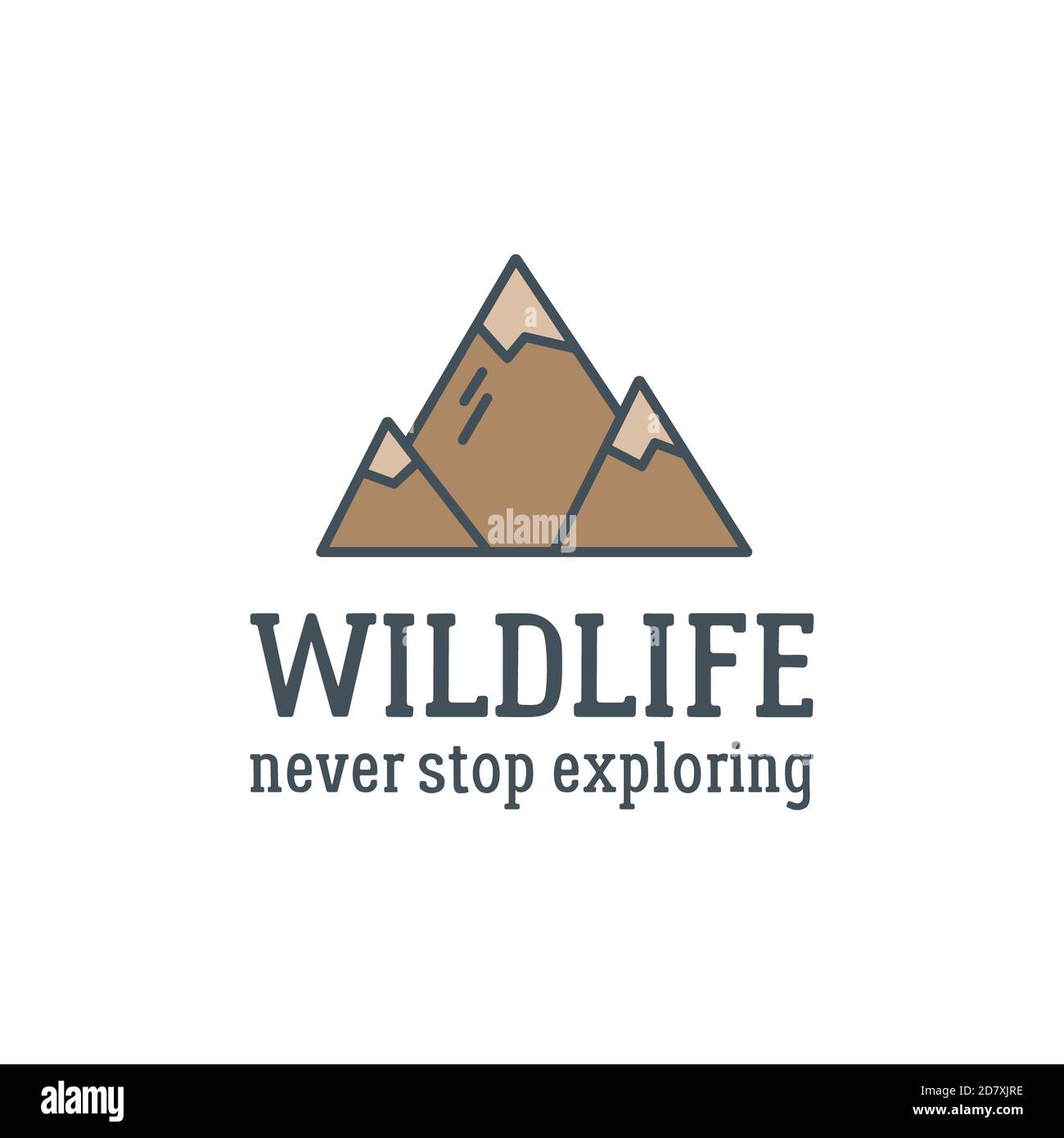 Camping logo design con tipografia ed elementi di viaggio - montagna. Testo - fauna selvatica, non smettere mai di esplorare. Sentiero escursionistico, backpacking simboli in retrò Foto Stock