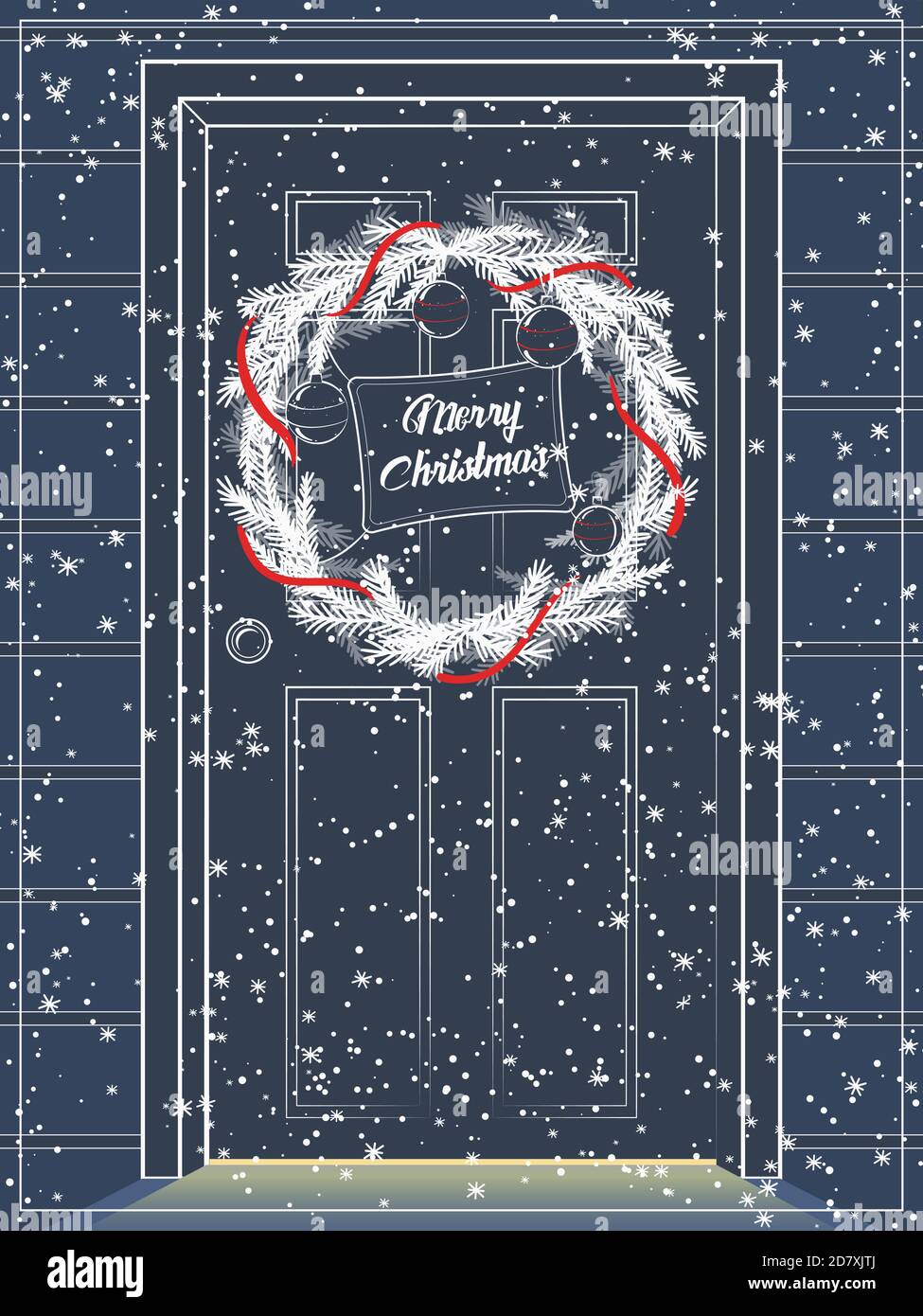 Due biglietti di Natale. La porta e' decorata con una corona di Natale. Luce calda da sotto la porta. Versione scura. Colori blu, rosso e bianco. Illustrazione Vettoriale