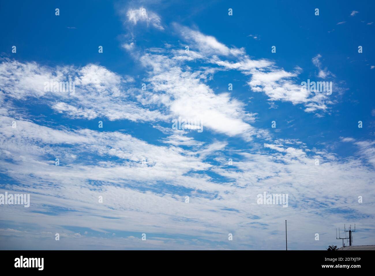 Cielo azzurro estivo con nuvole bianche ad alta quota. In meteorologia una nuvola è un aerosol costituito da una massa visibile di minuscole goccioline liquide, congelate Foto Stock