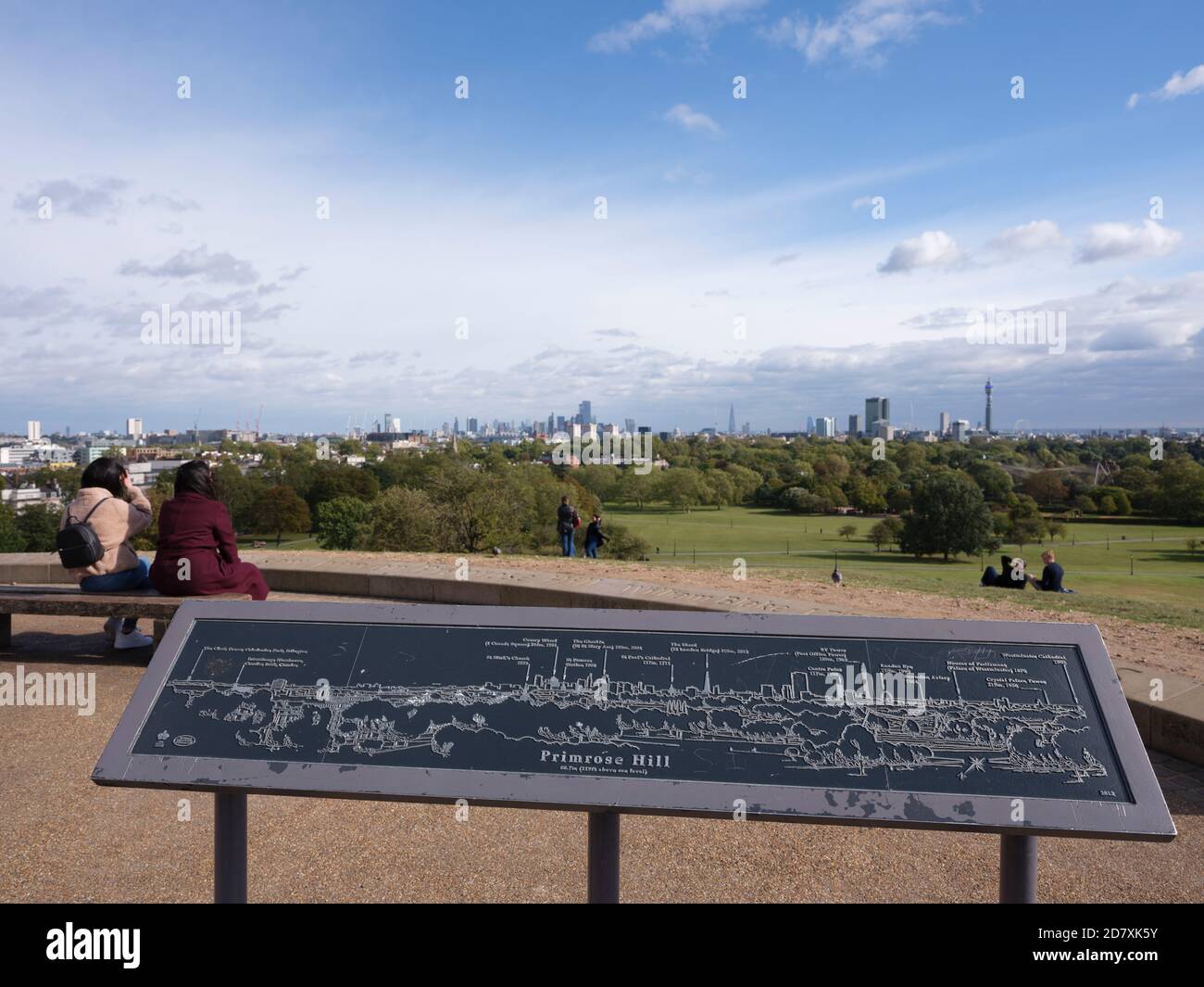 Primrose Hill Summit (64 metri), il secondo punto panoramico protetto più alto di St Pauls a Camden, con bordo dello skyline di Londra Foto Stock