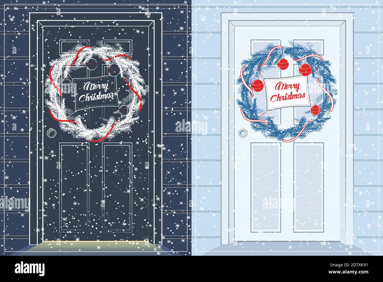 Due biglietti di Natale. La porta e' decorata con una corona di Natale. Luce calda da sotto la porta. Versione giorno e notte. Versione chiara e scura. Blu Illustrazione Vettoriale