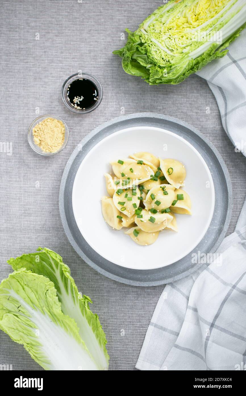 Gnocchi cinesi jiaozi nella piastra bianca sul grigio backrgound con cavolo cinese napa e semi di pesamo e soia salsa con un tovagliolo Foto Stock