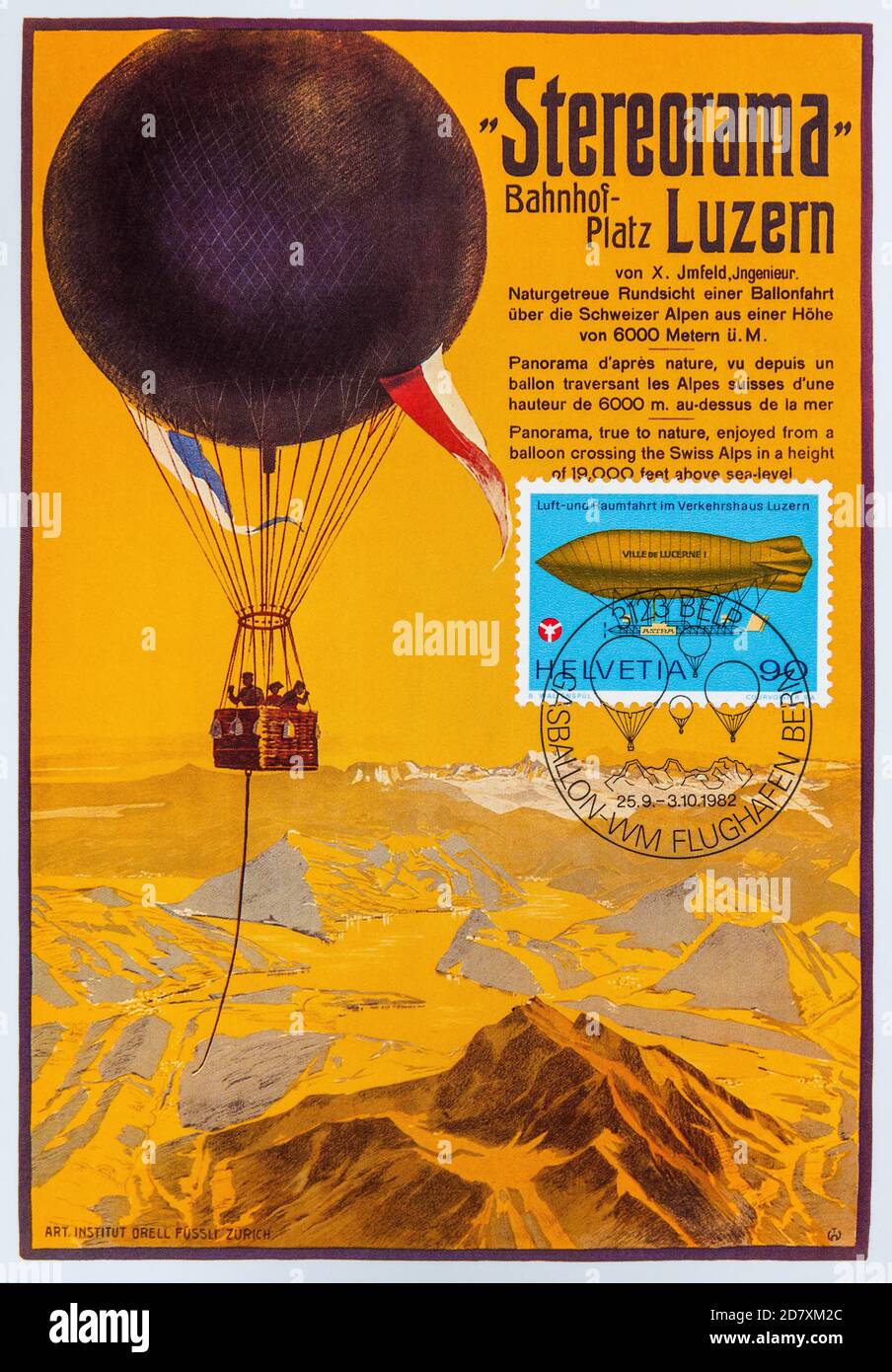 1982 cartolina svizzera spedita che illustra un poster pubblicitario per il vecchio volo in mongolfiera Stereorama riempito di gas sulla Svizzera. Foto Stock