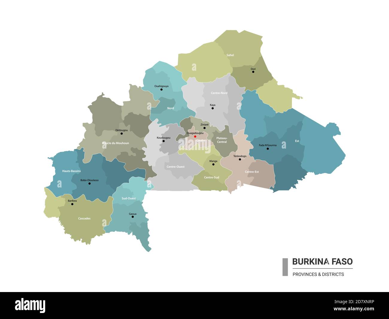 Burkina Faso higt Mappa dettagliata con suddivisioni. Mappa amministrativa del Burkina Faso con il nome dei distretti e delle città, colorata dagli stati e dall'amministrazione Illustrazione Vettoriale