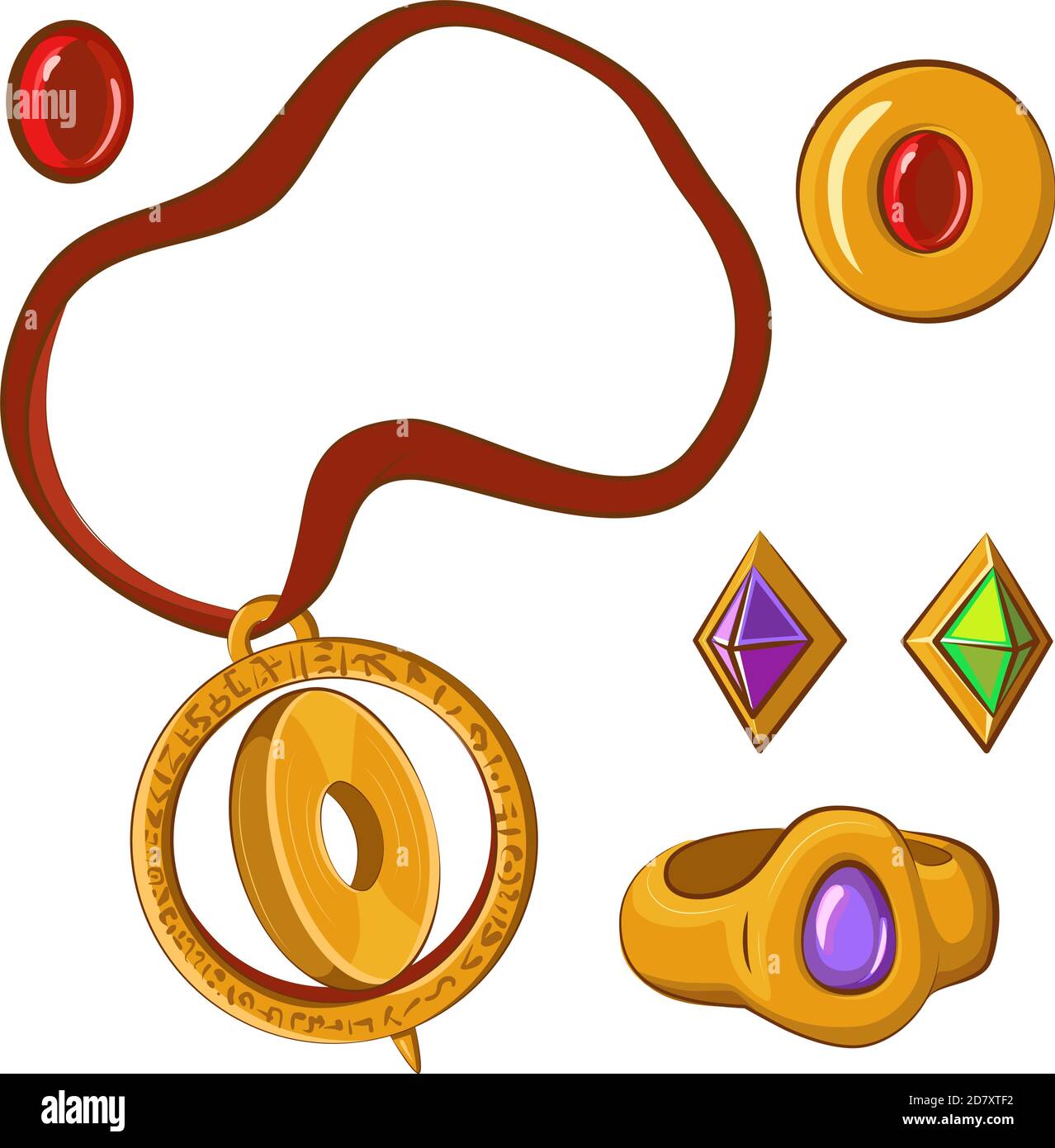 Set di icone: Gioielli, pietre preziose, smeraldo. pendente, rubino, anello. Stile cartone animato. Illustrazione Vettoriale