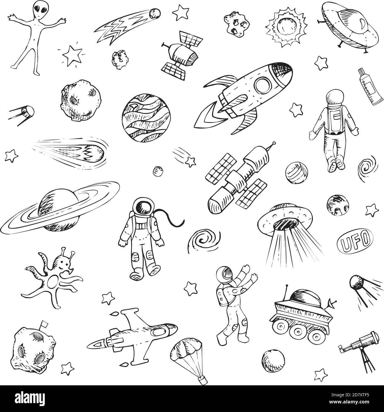 Raccolta di oggetti spazio di schizzo. Navi spaziali, razzi, pianeti, piattini volanti, astronauti, stelle, comete, satelliti, ufo ecc. Doodles disegnati a mano Illustrazione Vettoriale