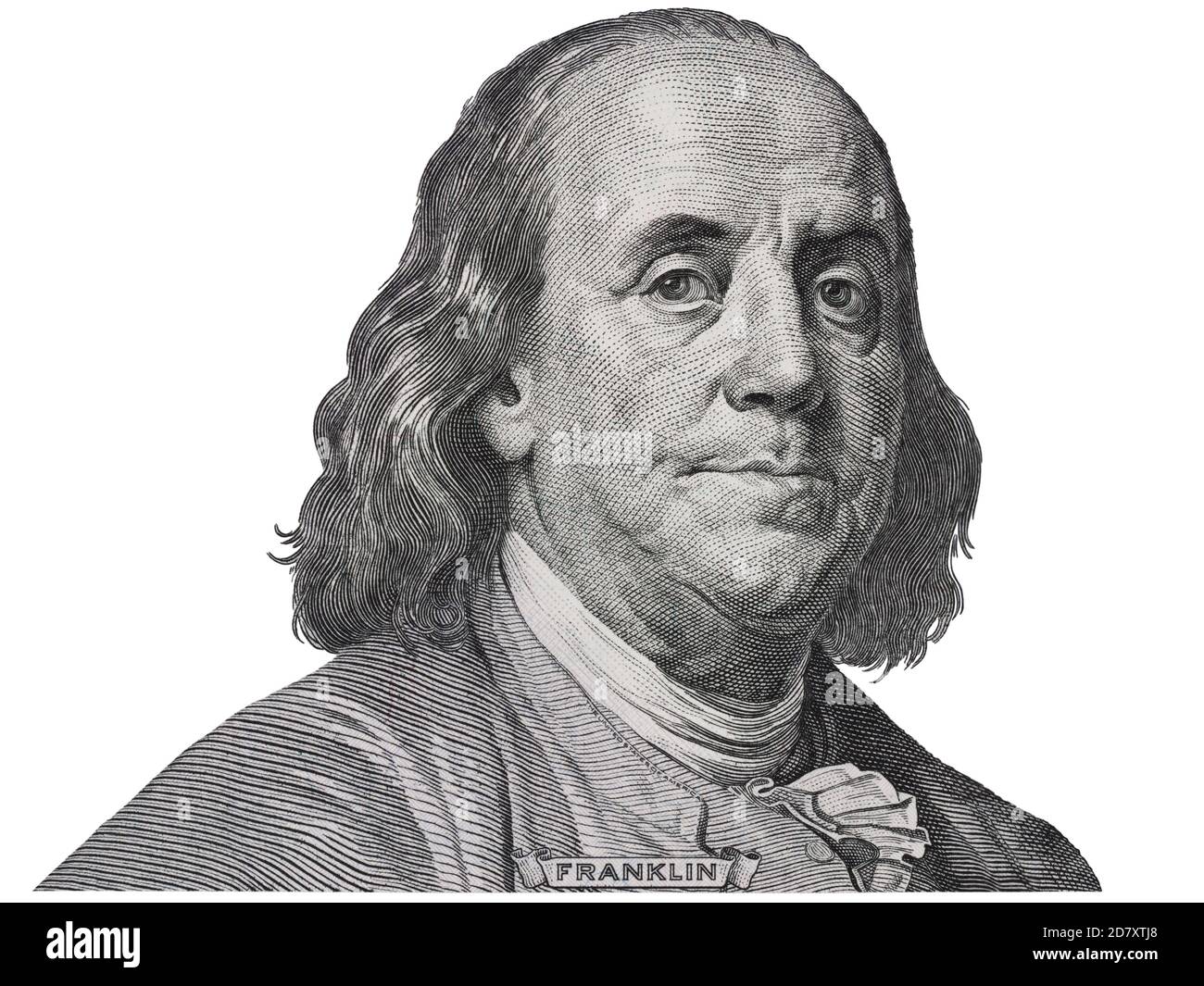 Benjamin Franklin faccia su di noi cento dollari Bill macro isolato, Stati uniti di denaro closeup Foto Stock