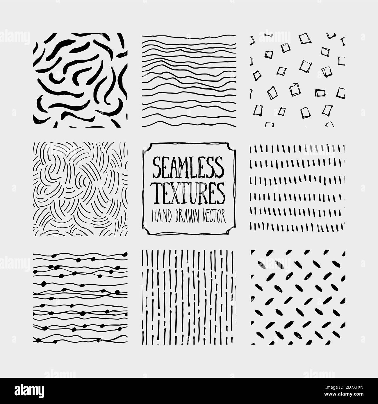 Set di ripetizioni senza giunture tracciate a mano. Sfondi infiniti di semplici texture vettoriali graffianti con linee, punti e doodles. Illustrazione Vettoriale
