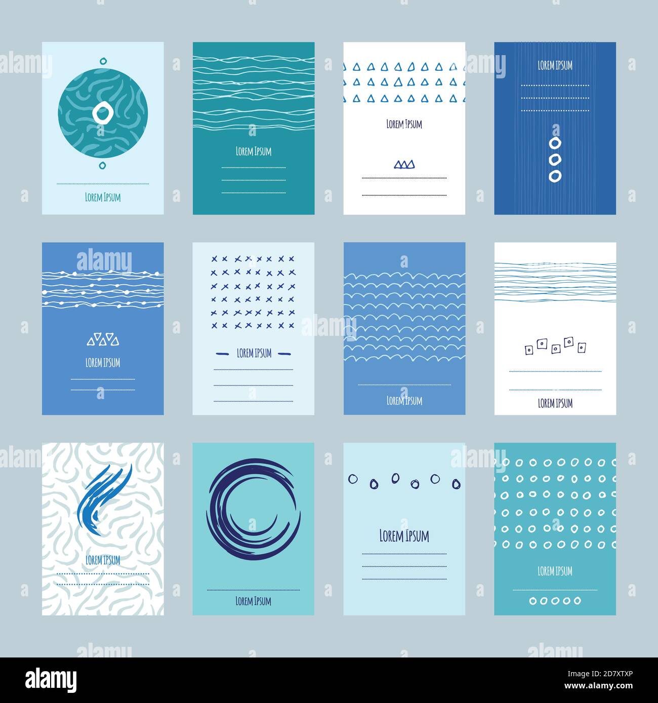 Set di carte blu disegnate a mano con motivi disegnati a mano. Modelli vettoriali per biglietti, volantini e striscioni. Illustrazione Vettoriale