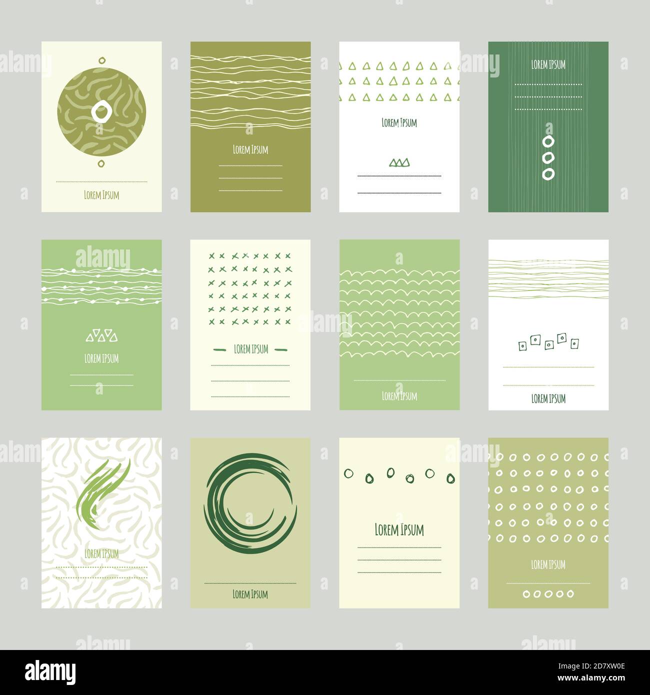 Set di carte verdi disegnate a mano con motivi disegnati a mano. Modelli vettoriali per biglietti, volantini e striscioni. Illustrazione Vettoriale