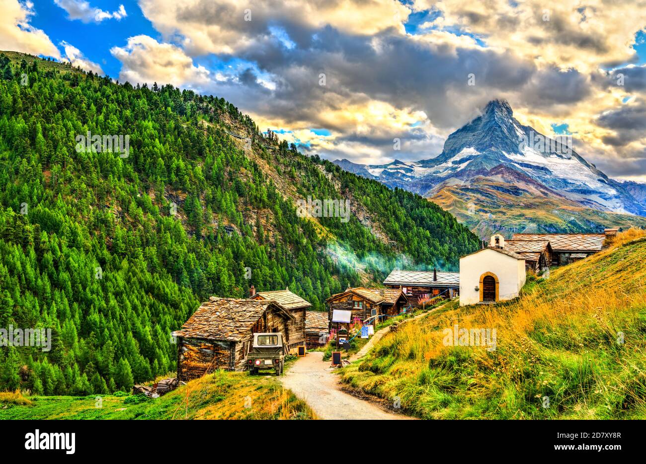 Vista sul monte Cervino a Sindeln vicino a Zermatt, Svizzera Foto Stock