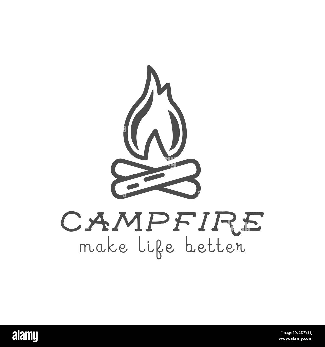 Il design del logo del campeggio con elementi tipografici e di viaggio - campfire. Testo - rendere la vita migliore. Sentiero escursionistico, backpacking simboli in colori retrò piatto Foto Stock