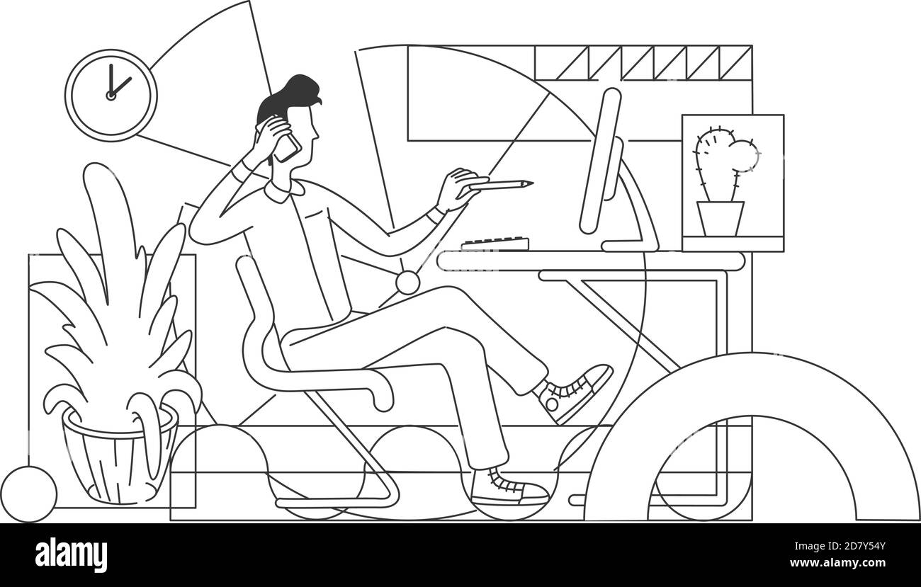 Illustrazione vettoriale sottile per i dipendenti che lavorano in ufficio domestico Illustrazione Vettoriale