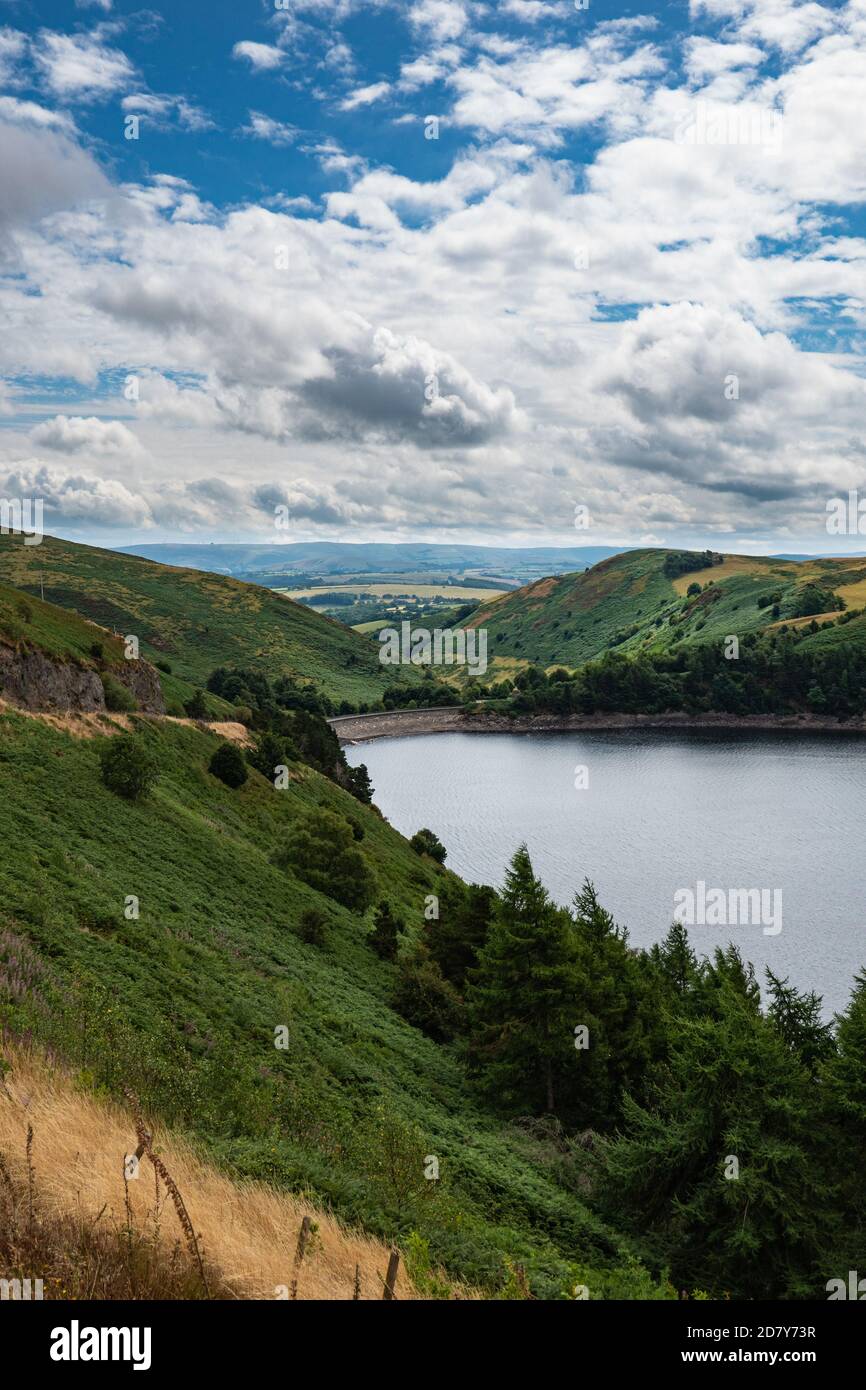 Vista sulla diga presso il serbatoio Clywedog nel valle oltre Foto Stock