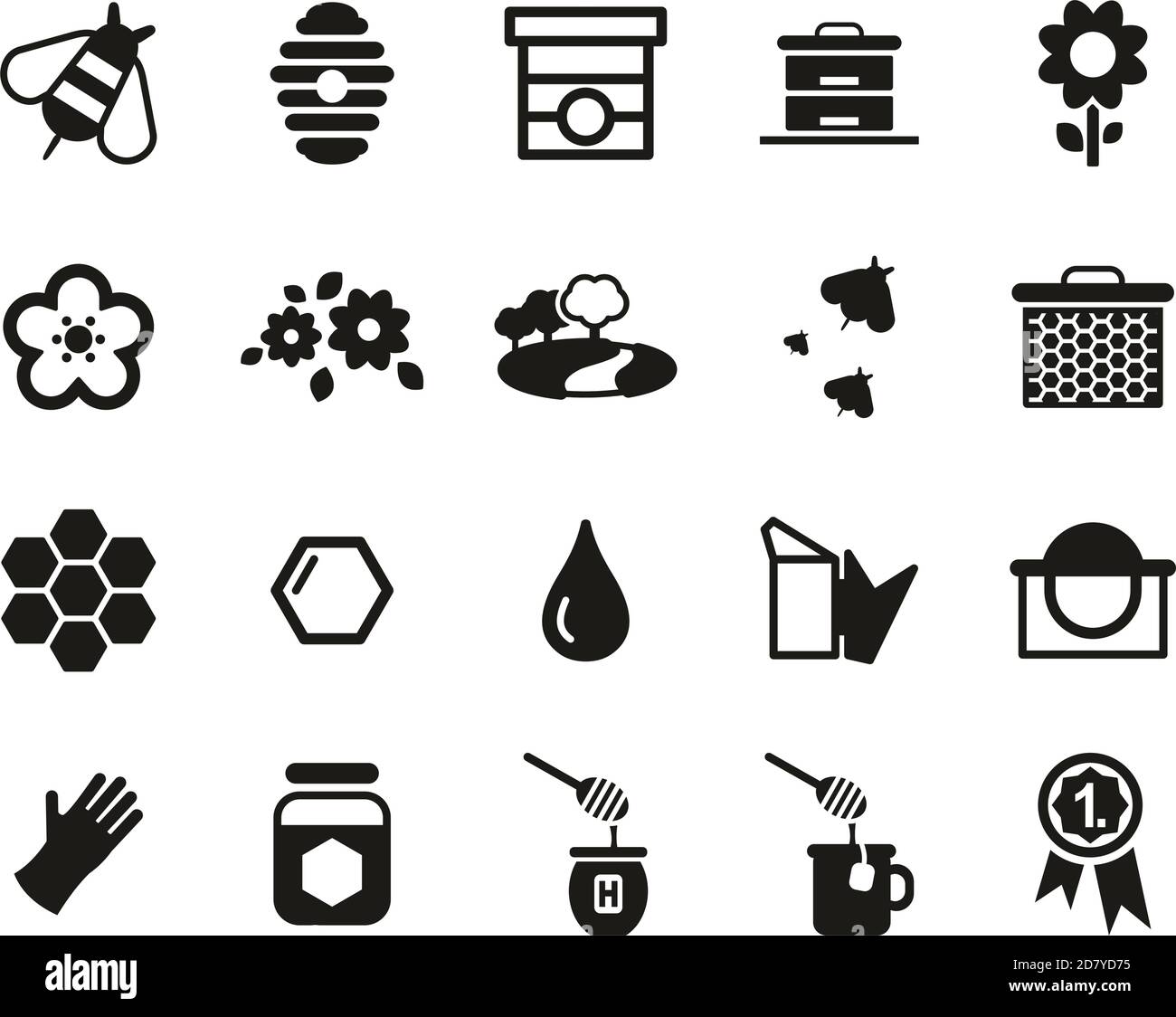 Icone di attrezzatura per la produzione di miele e la conservazione delle api in bianco e nero Imposta grande Illustrazione Vettoriale