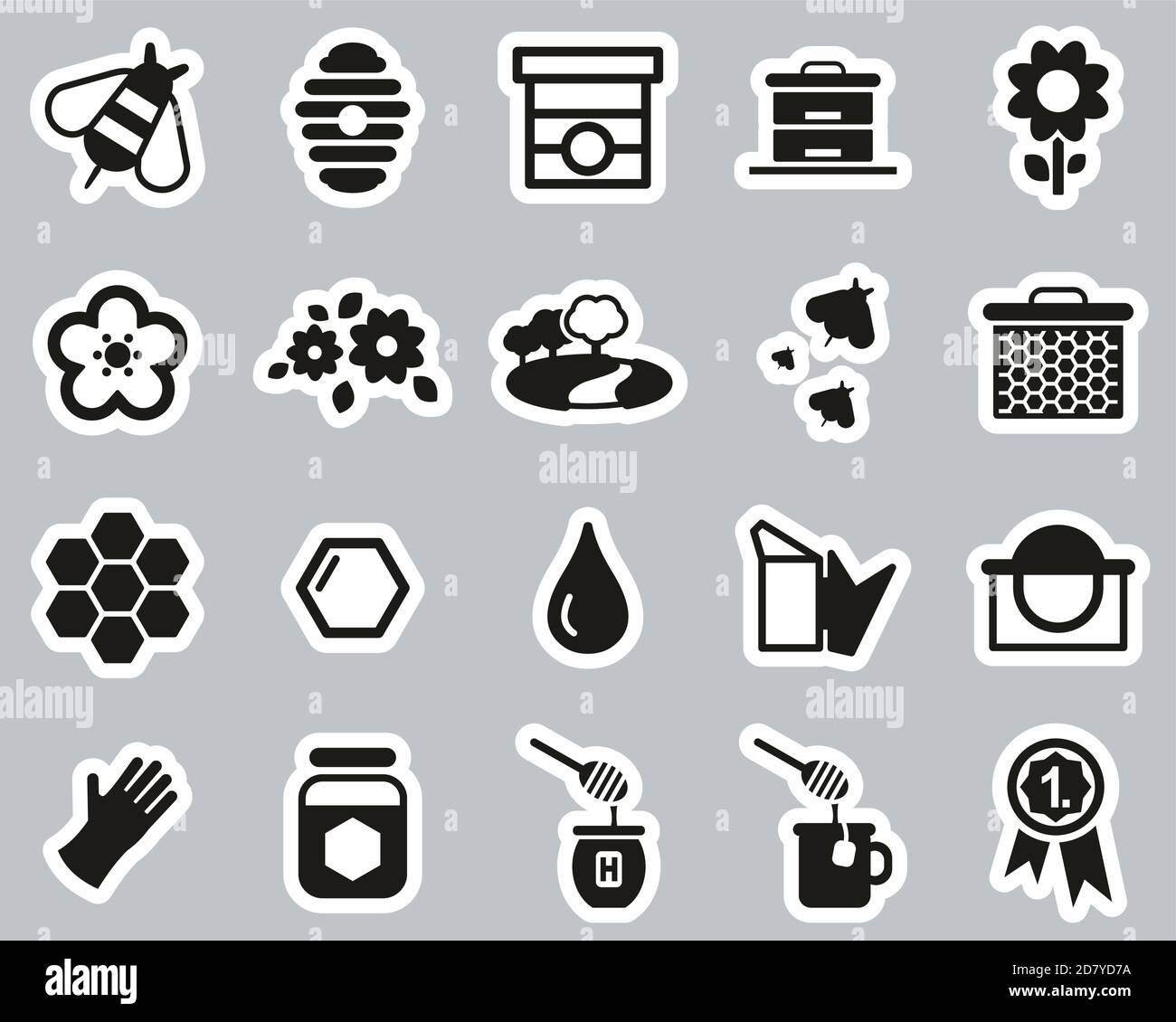 Icone di attrezzatura per la produzione di miele e la conservazione delle api in bianco e nero Set adesivi Big Illustrazione Vettoriale