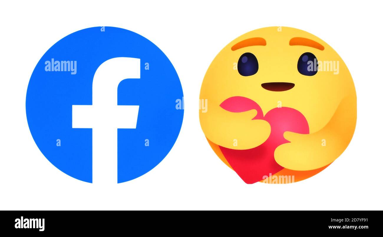 Kiev, Ucraina - 18 aprile 2020: Icona di Facebook con la nuova reazione empatica Care Emoji, stampato su white paper. Facebook sta aggiungendo una reazione di abbraccio a sh Foto Stock