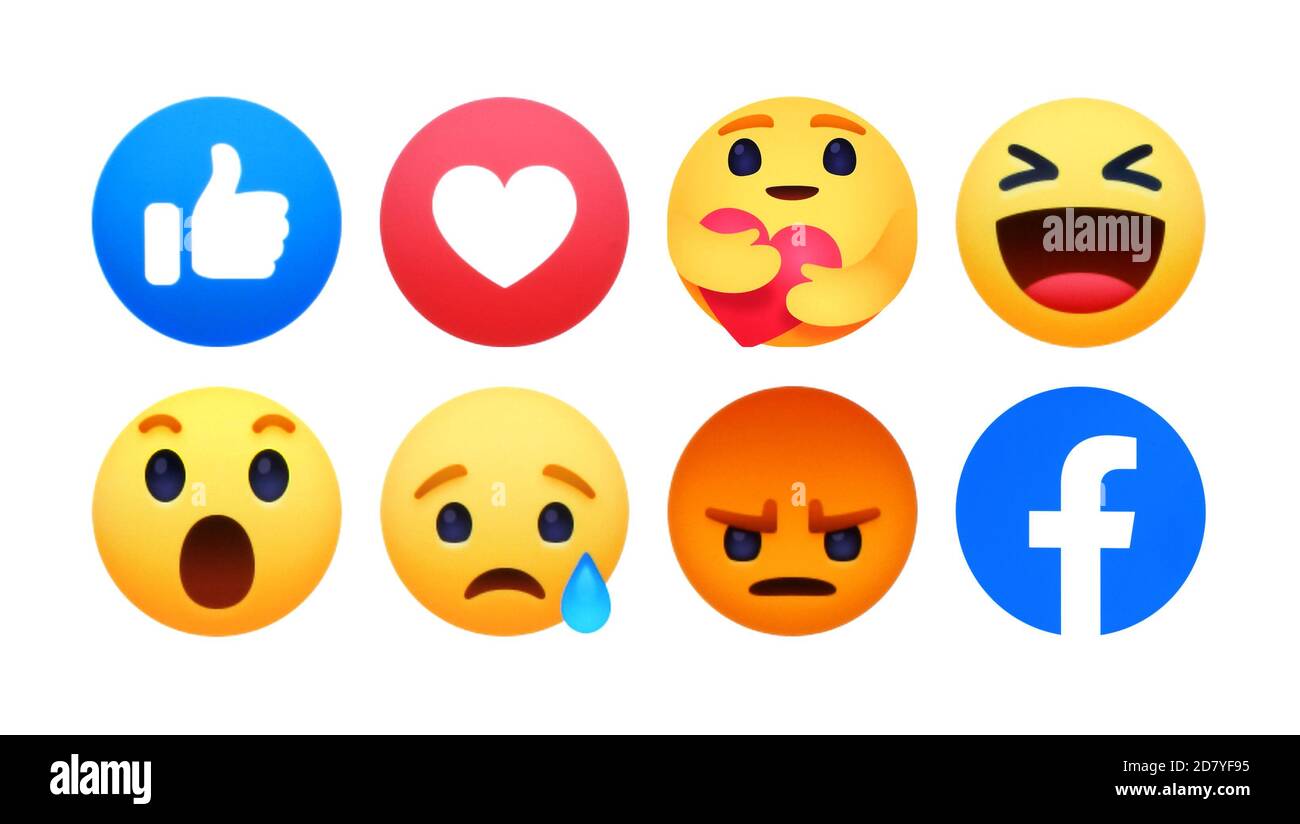 Kiev, Ucraina - 18 aprile 2020: Nuovo Facebook come pulsante empatico Emoji reazioni con New Care reazione, stampato su carta. Facebook sta aggiungendo hug r Foto Stock