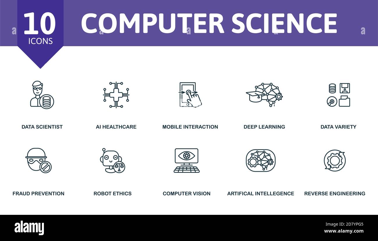Set di icone di computer Science. La raccolta contiene ingegneria, etica, frode, prevenzione, artificiale, intelligenza e sopra le icone. Informatica Illustrazione Vettoriale