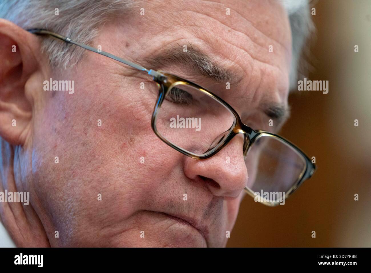 Jerome Powell, presidente della Federal Reserve, testimonia di fronte alla Camera Financial Services Committee on Capitol Hill a Washington, D.C. mercoledì 10 luglio 2019. I legislatori hanno interrogato Powell su una varietà di argomenti relativi alla politica monetaria degli Stati Uniti e lo stato dell'economia degli Stati Uniti. Credit: Alex Edelman/The Photo Access Foto Stock