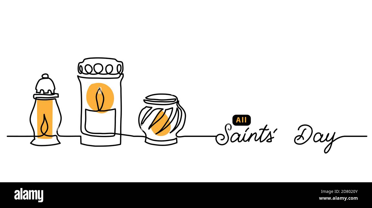 Tutti i Santi giorno semplice vettore di fondo con candele e lanterne con luci. Illustrazione grafica a riga singola con scritta All Saints Day Illustrazione Vettoriale