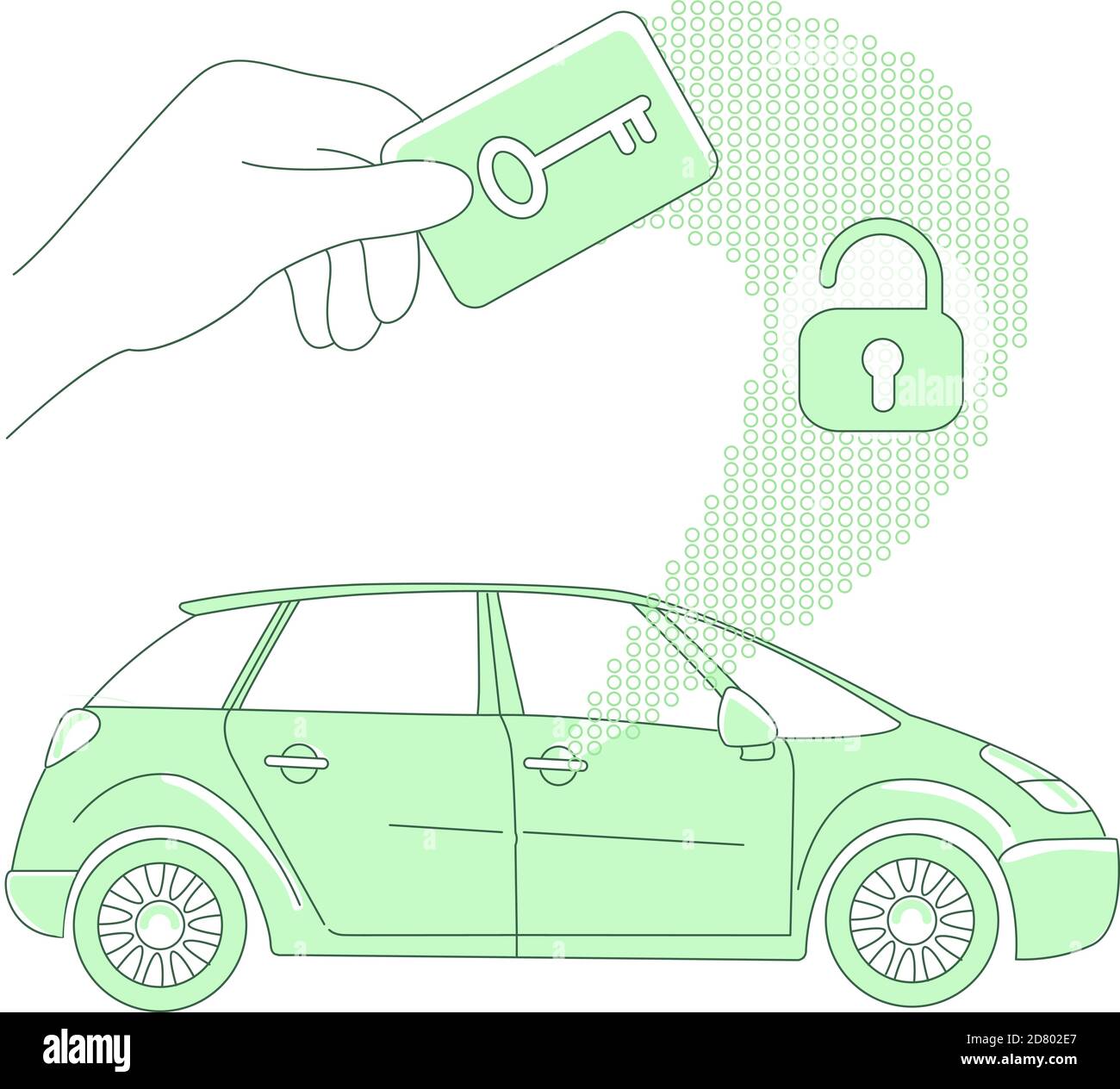 KeyCard e blocco senza chiave, illustrazione vettoriale del concetto di accesso alla vettura in linea sottile Illustrazione Vettoriale