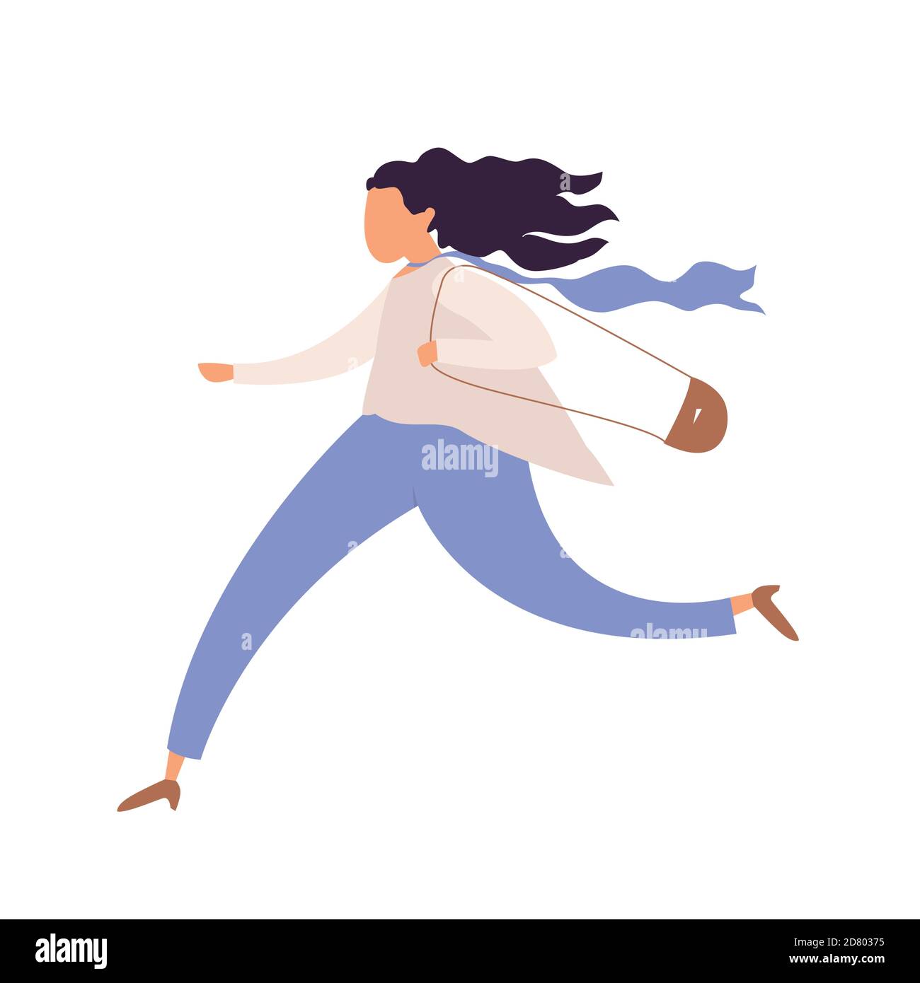 Donna in corsa, personaggio lavoratore in fretta, ora di punta, donna in fretta con borsa, giorno di lavoro in oversleeping inizio Illustrazione Vettoriale