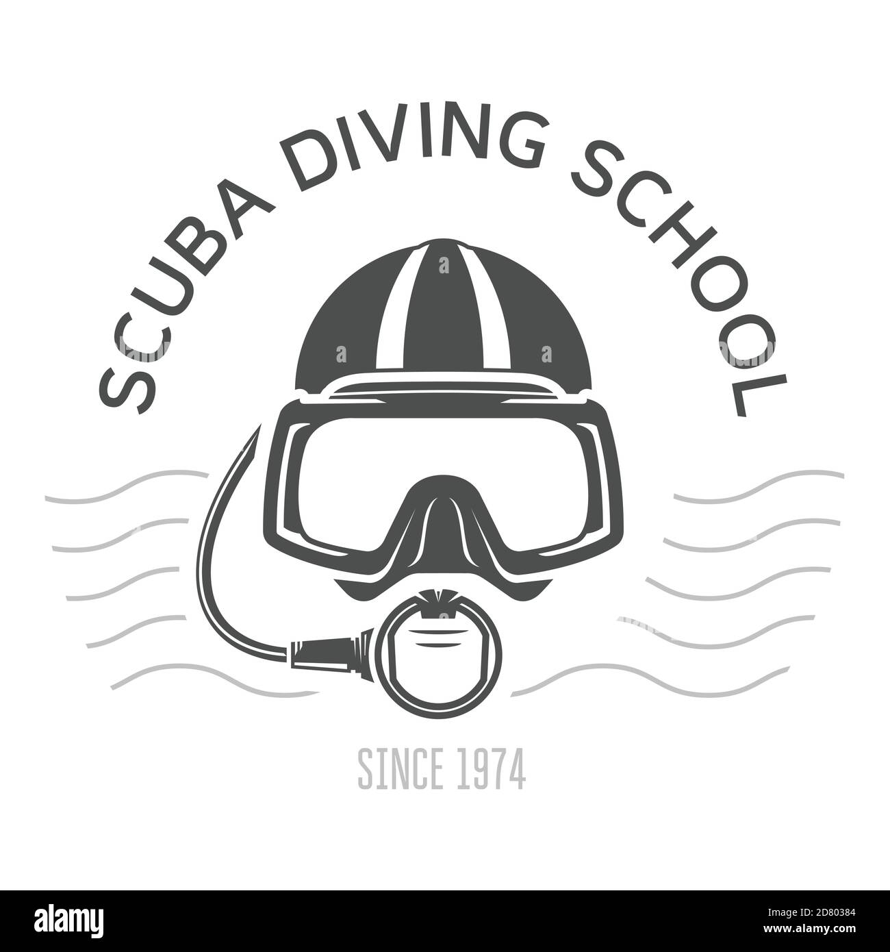 Emblemi o logo di immersione subacquea, maschera subacquea e aqualung, design subacqueo con volto di subacqueo Illustrazione Vettoriale