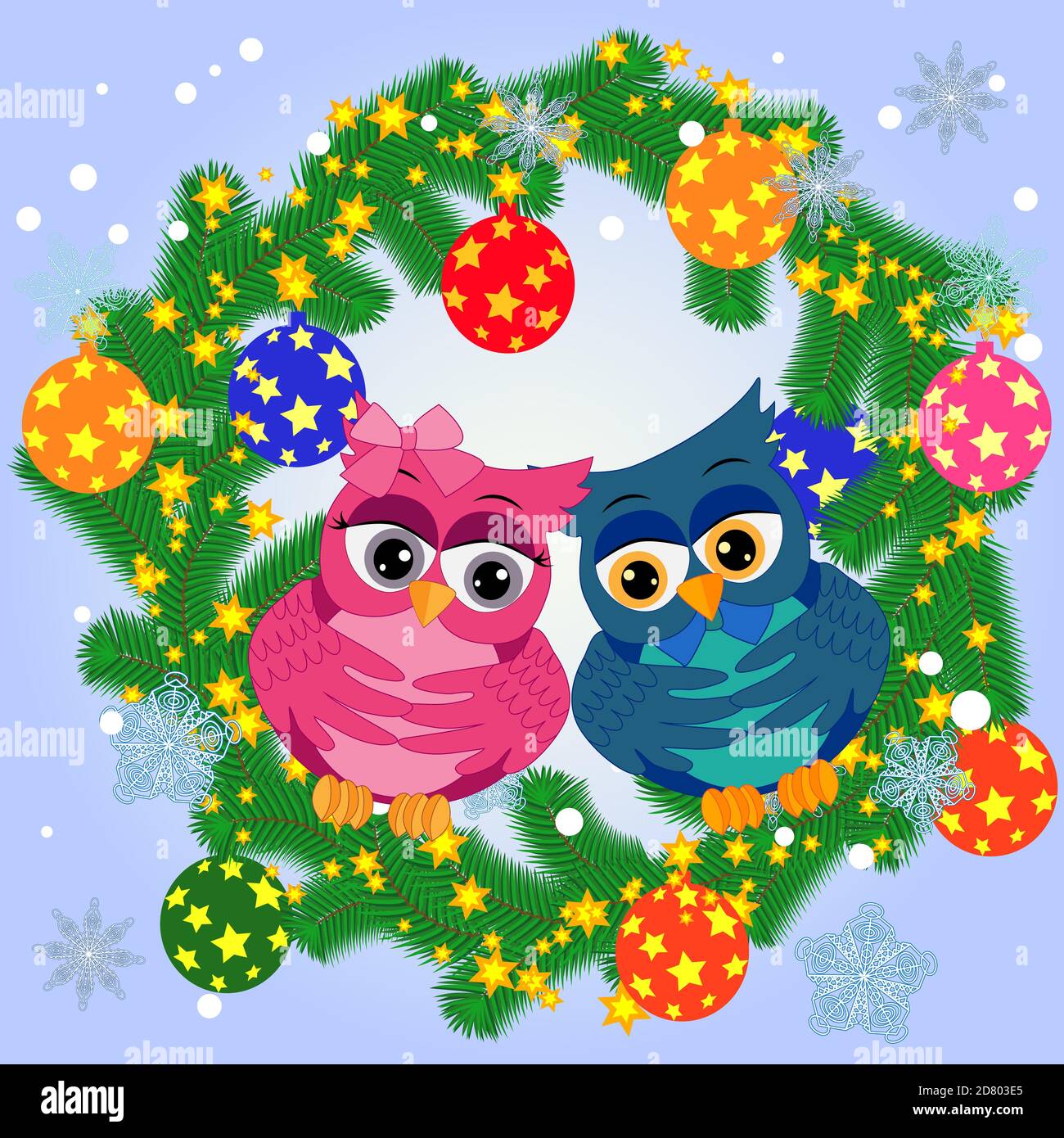 Due graziosi gufi disegnati si siede su un ramo in un neve Illustrazione Vettoriale