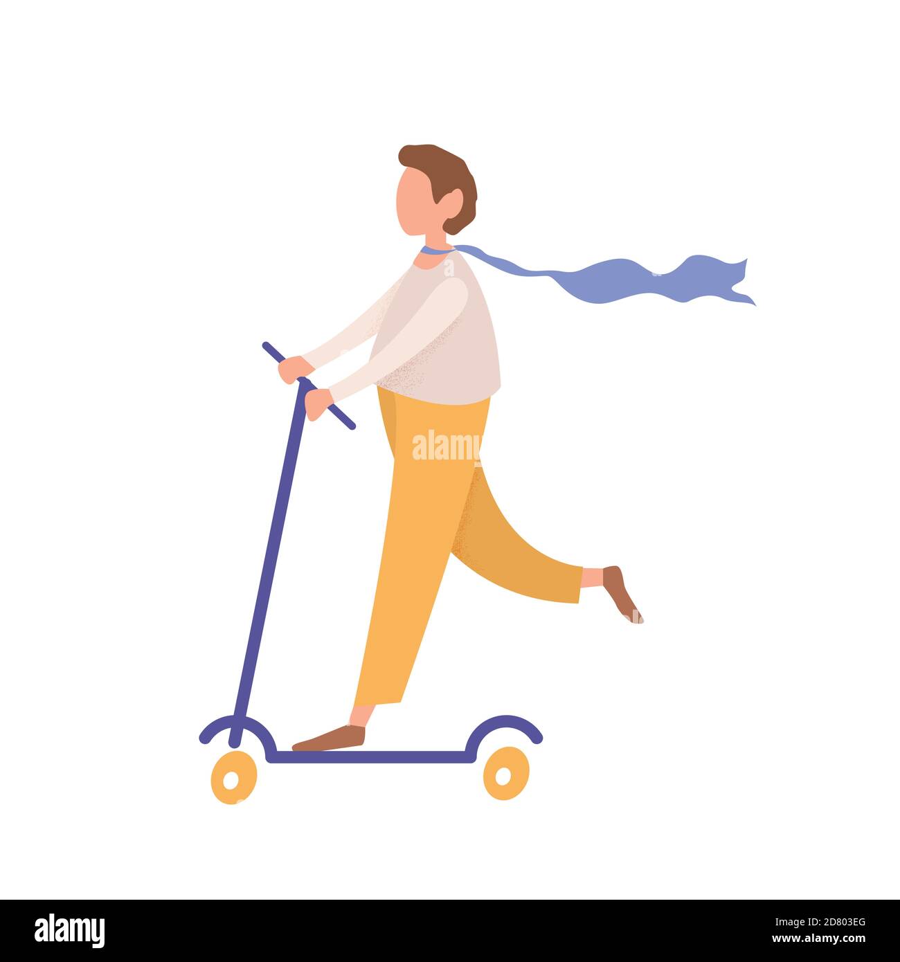 Giovane uomo senza volto cavalcare scooter, cartone animato stile teenager carattere spinge fuori scooter, piatto vettore illustrazione isolato su sfondo bianco Illustrazione Vettoriale