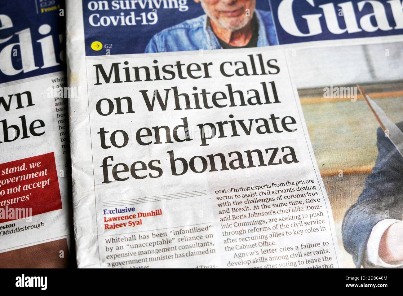 'Il signor chiama su Whitehall per porre fine alle tariffe private bonanza'. Giornale Guardian prima pagina titolo Londra Inghilterra Regno Unito Foto Stock