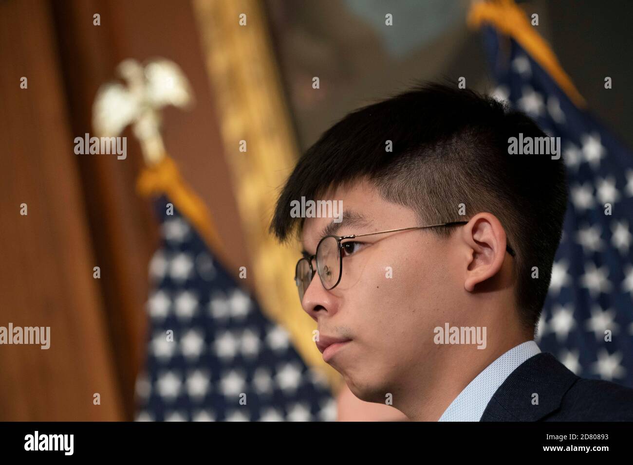 Joshua Wong, co-fondatore del partito politico Demosito, parla durante una conferenza stampa sull'Hong Kong Human Rights and Democracy Act on Capitol Hill a Washington, D.C., USA, mercoledì 19 settembre 2019. Credit: Alex Edelman/The Photo Access Foto Stock