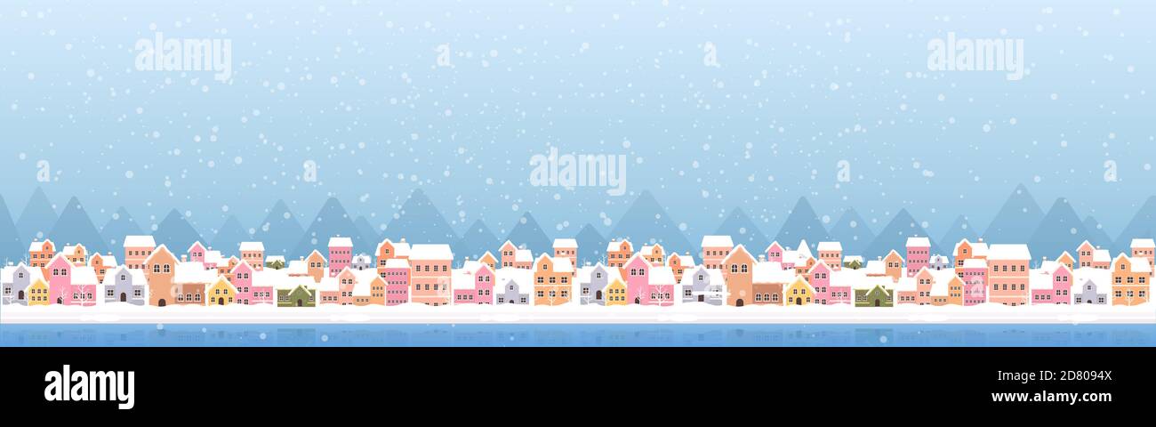 La città nella neve caduta luogo schermo piatto a colori e design semplice illustrazione vettoriale Foto Stock