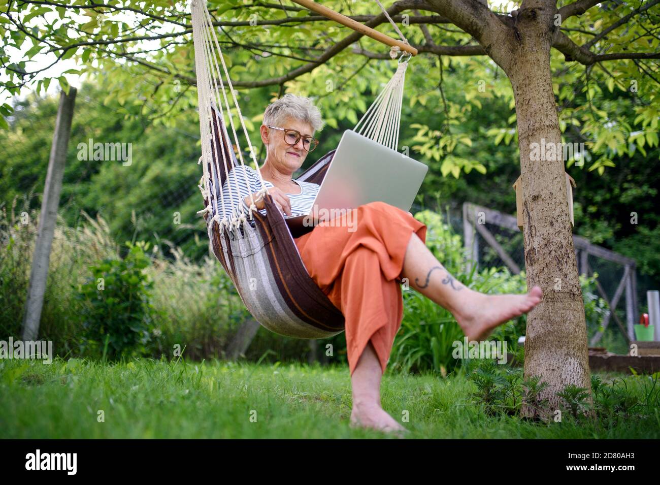 Ritratto di donna anziana attiva con computer portatile che lavora all'aperto in giardino, concetto di home Office. Foto Stock