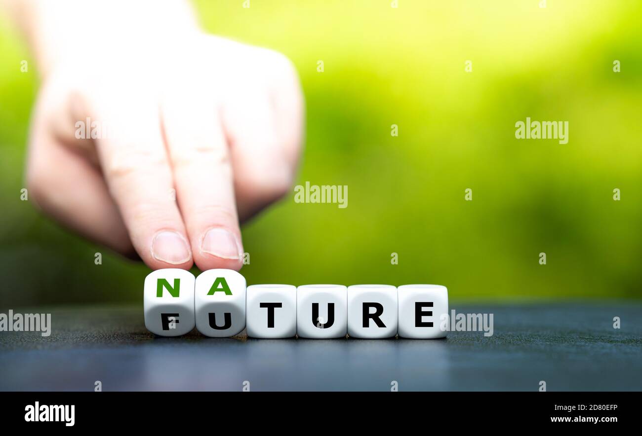 La mano trasforma i dadi e cambia la parola 'futuro' in 'natura'. Foto Stock