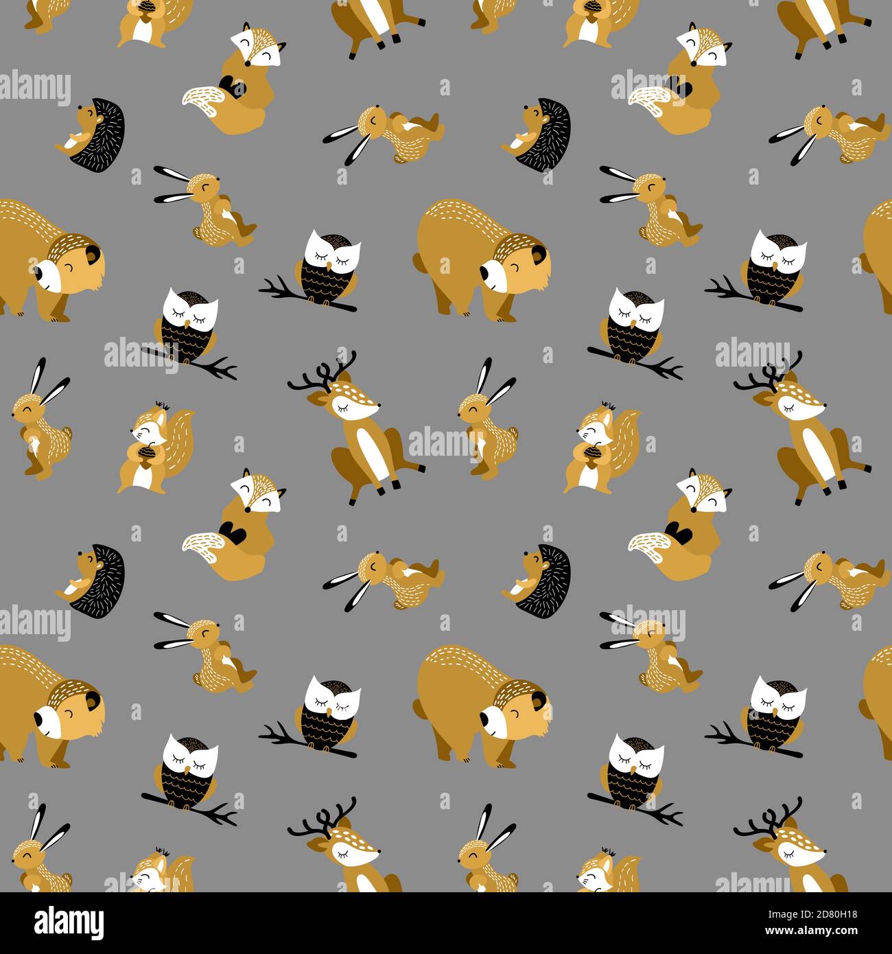 Modello senza cuciture con carini animali cartoni animati su sfondo argento. Illustrazione vettoriale. Illustrazione Vettoriale