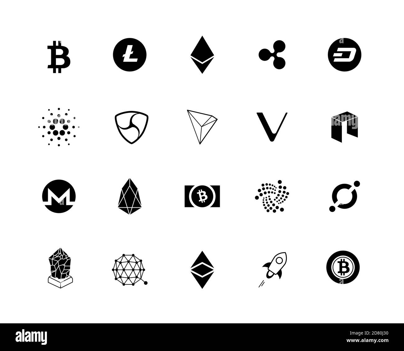 20 il set più popolare di logo criptovalenti - bitcoin, litecoin, etereo, ripple e altro. Set di icone nere. Illustrazione Vettoriale